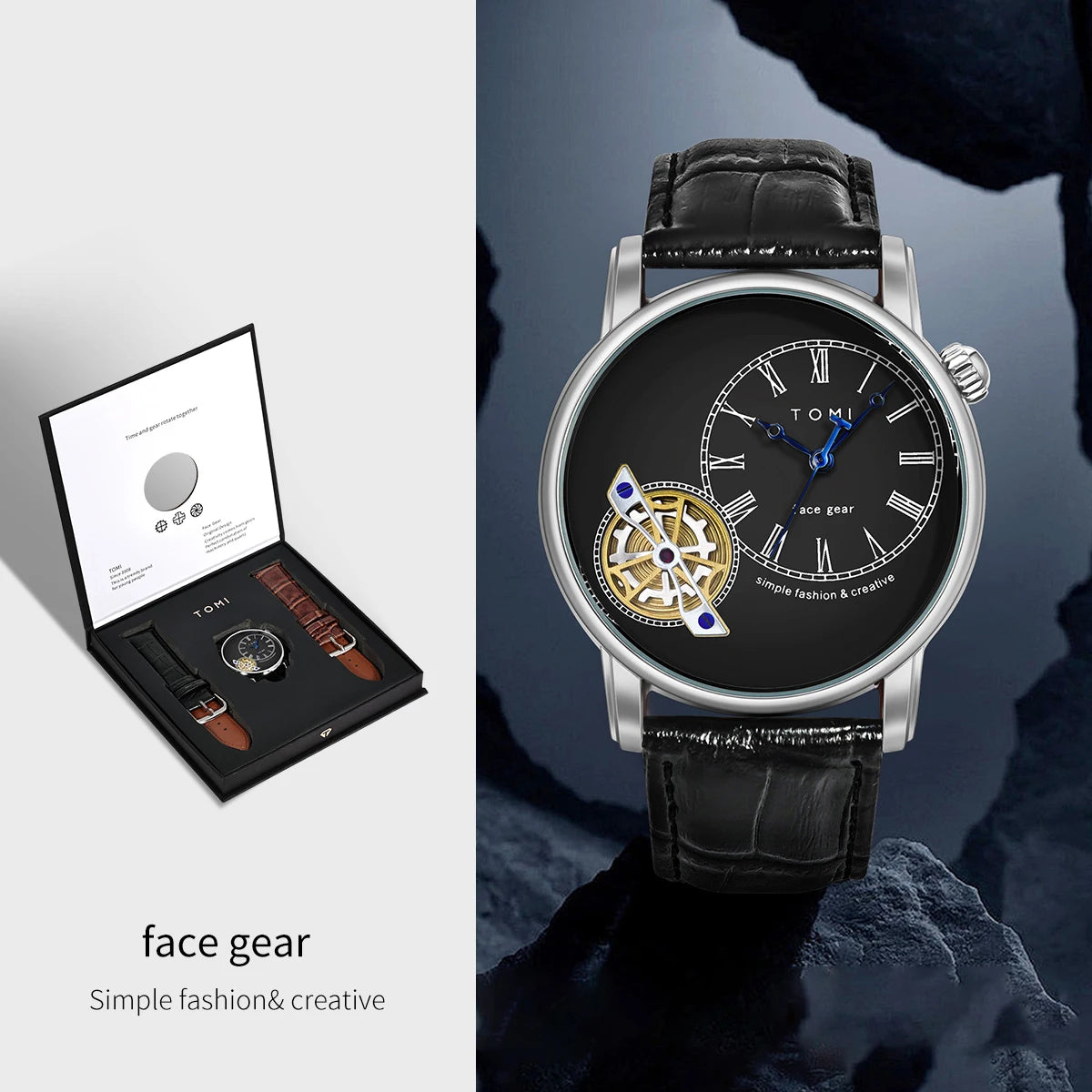 Tomi conjunto caixa de presente luxo e elegante relógio de quartzo masculino calendário de lazer pulseira dupla relógio de quartzo presente do festival