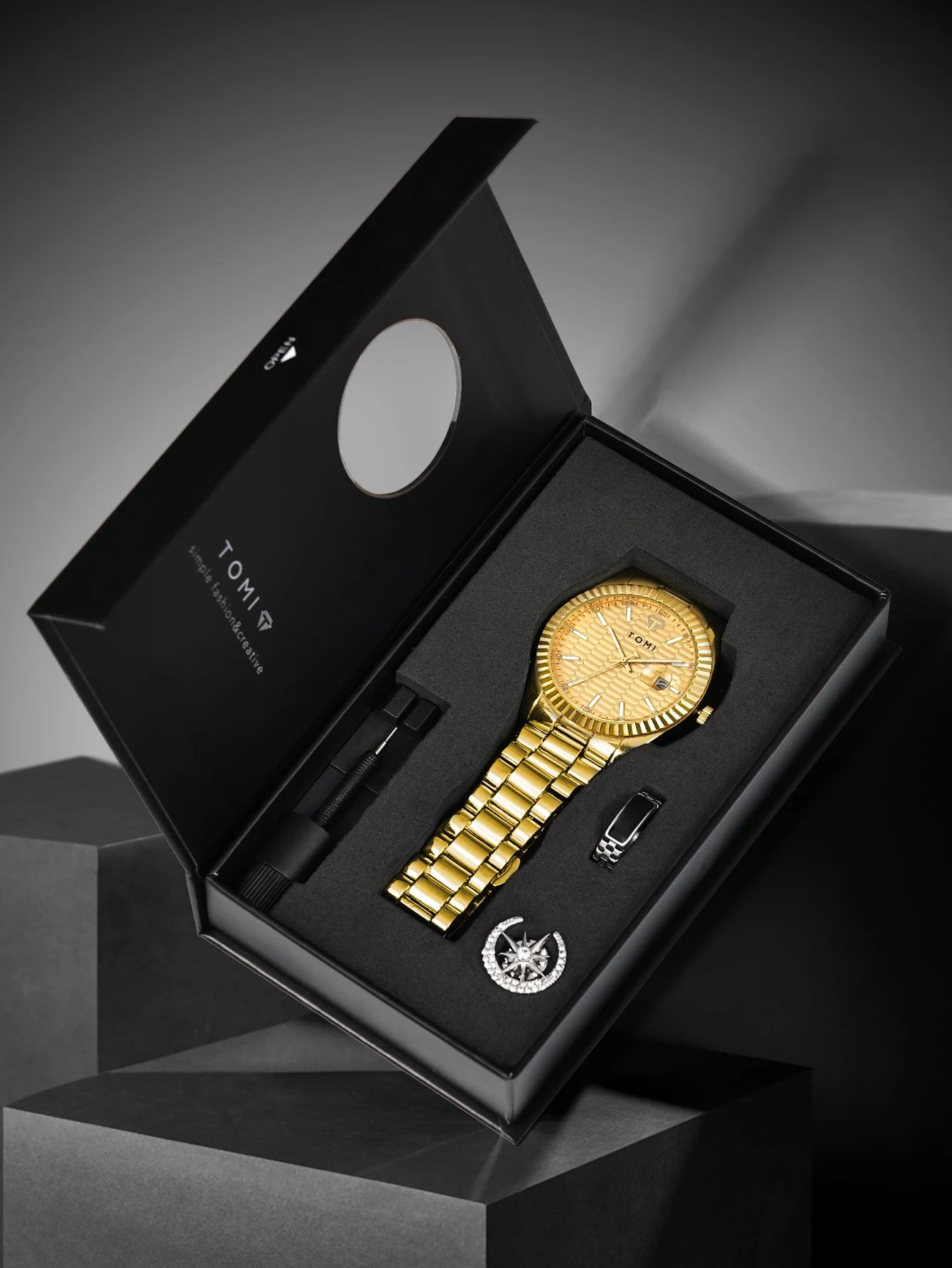 Tomi novo relógio masculino broche anel caixa de presente conjunto luxo negócios pulseira aço inoxidável calendário casual relógio quartzo reloj