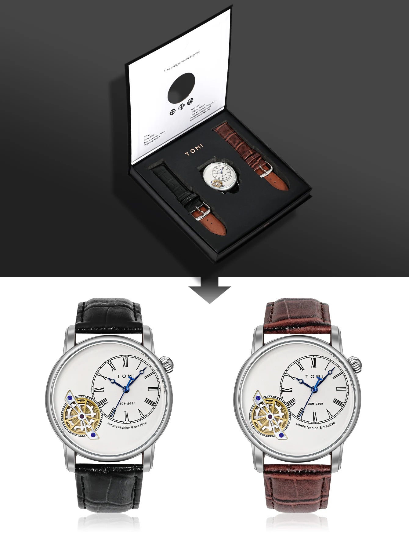 Tomi conjunto caixa de presente luxo e elegante relógio de quartzo masculino calendário de lazer pulseira dupla relógio de quartzo presente do festival