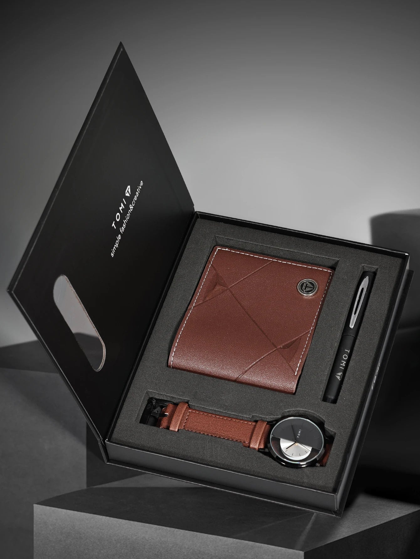 Tomi 3 pçs conjunto de caixa de presente de negócios de luxo relógio masculino carteira simples lazer criativo oco dial relógio de quartzo relógio presentes