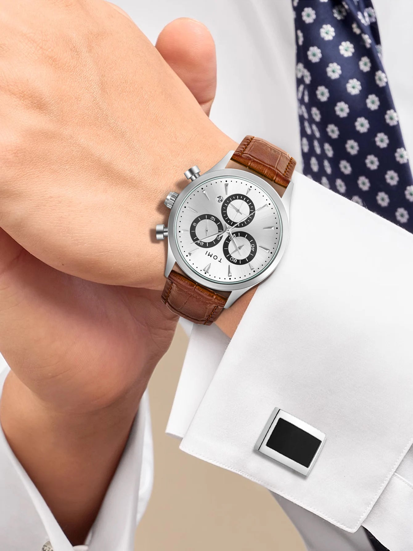 Tomi 4 pçs conjunto de luxo negócios masculino relógio quartzo casual moda versátil relógio abotoaduras masculino gravata clipe relógio festival presente