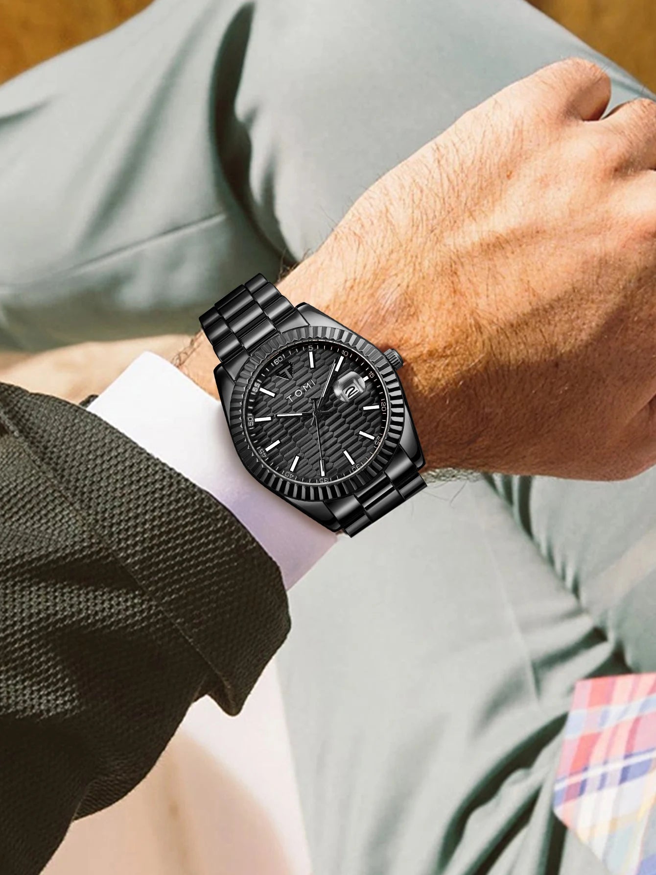 Tomi novo relógio masculino broche anel caixa de presente conjunto luxo negócios pulseira aço inoxidável calendário casual relógio quartzo reloj
