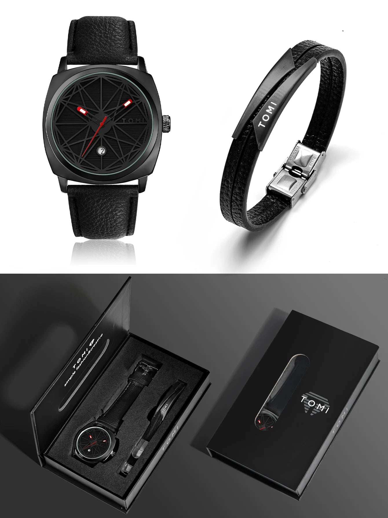 Tomi 2024 novo 2 pçs relógio masculino pulseira presente conjunto de luxo negócios versátil calendário relógio quartzo masculino e relógio presente reloj