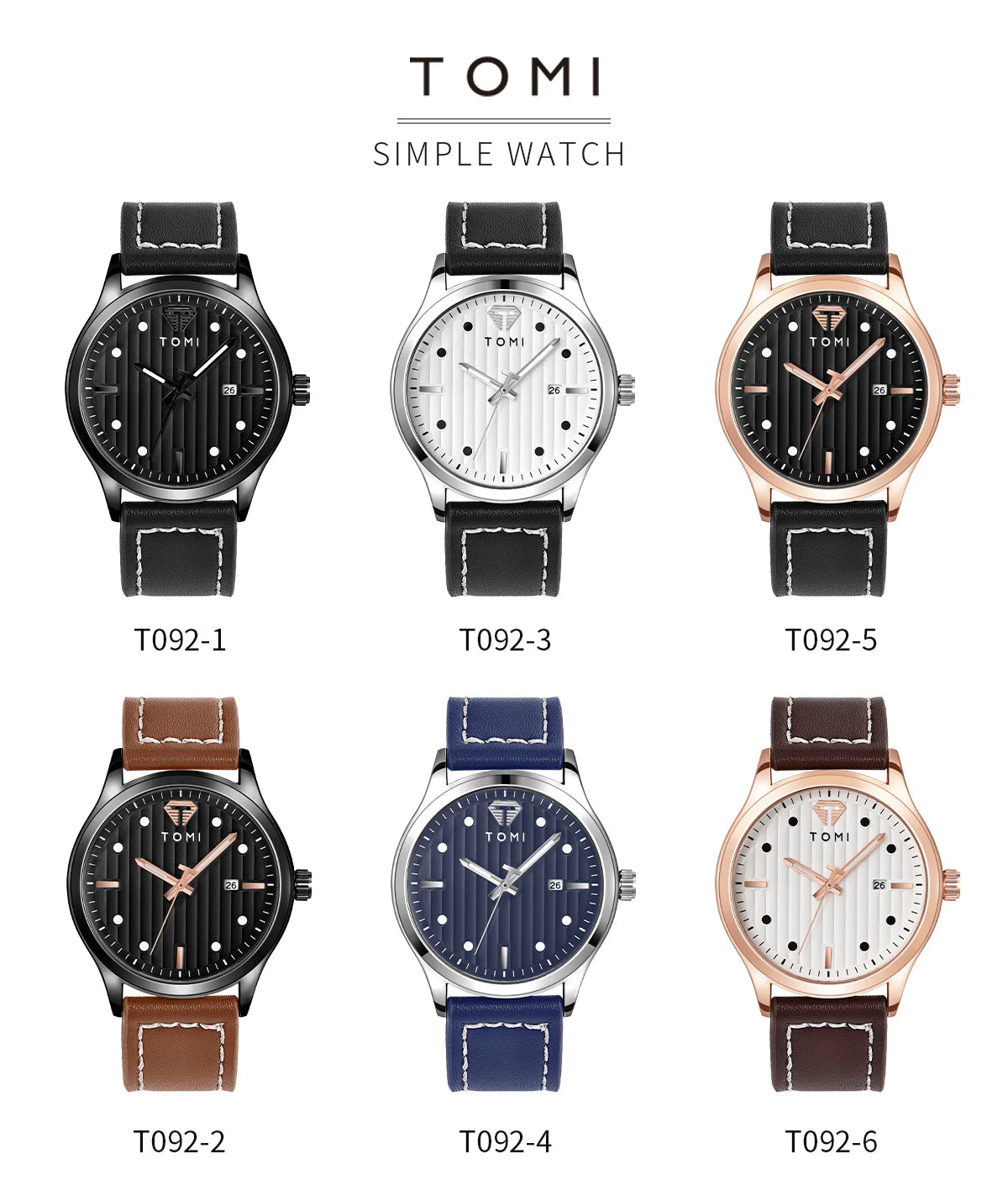 Tomi minimalista relógio de quartzo masculino de negócios vintage listra vertical calendário mostrador redondo masculino cinto preto relógio presente reloj