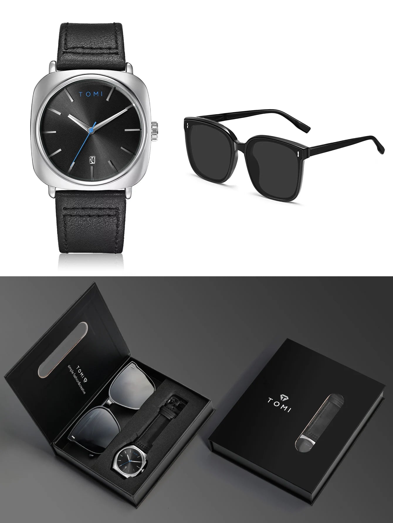 Tomi 2 pçs masculino casual moda relógio óculos conjunto de presente clássico simples caso quadrado relógio de quartzo masculino conjunto de presente reloj