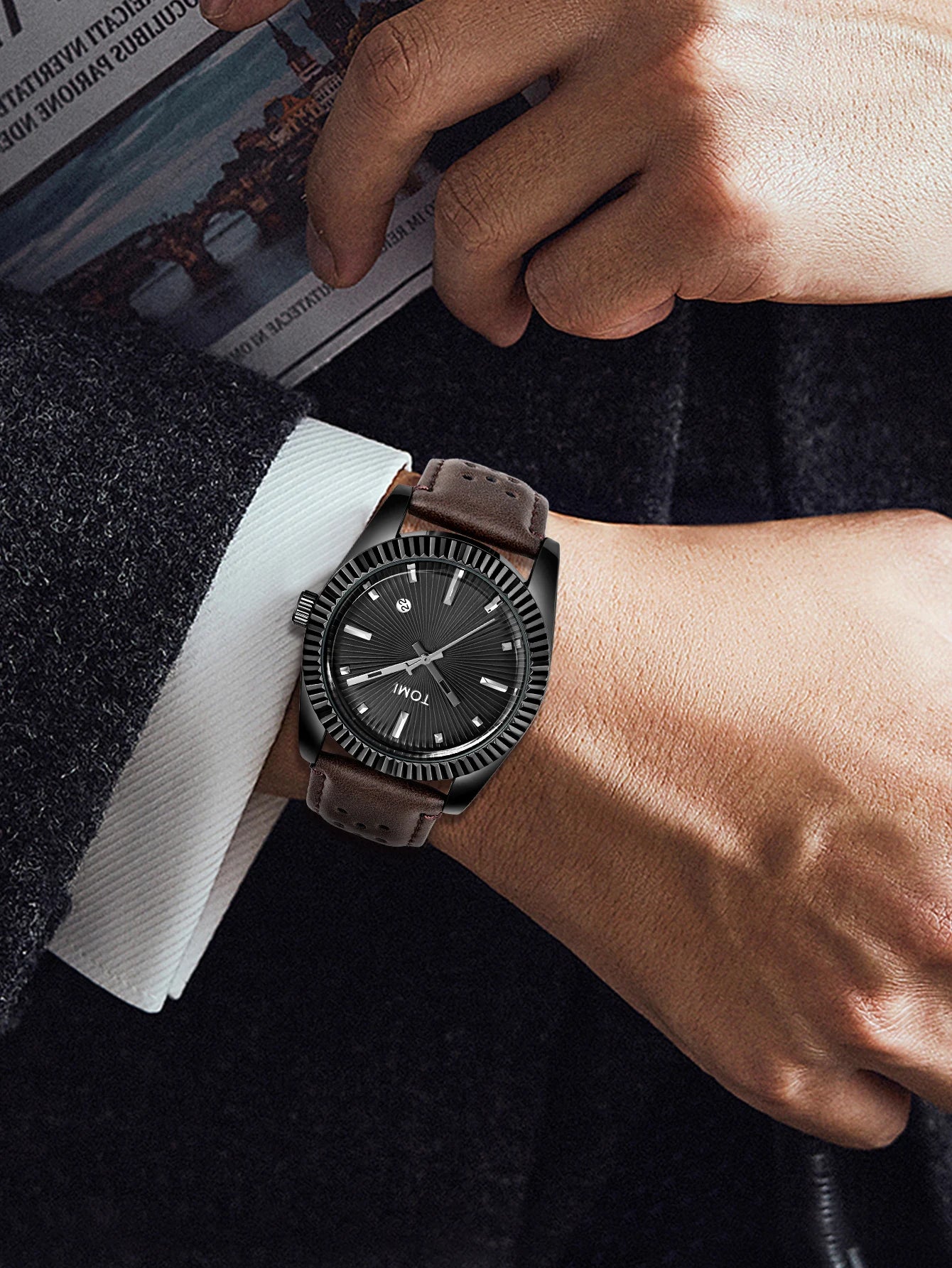 TOMI Moda Masculina Clássico Relógio Masculino e Feminino Versátil Tendência Calendário de Negócios Relógio de Quartzo de Couro Marrom