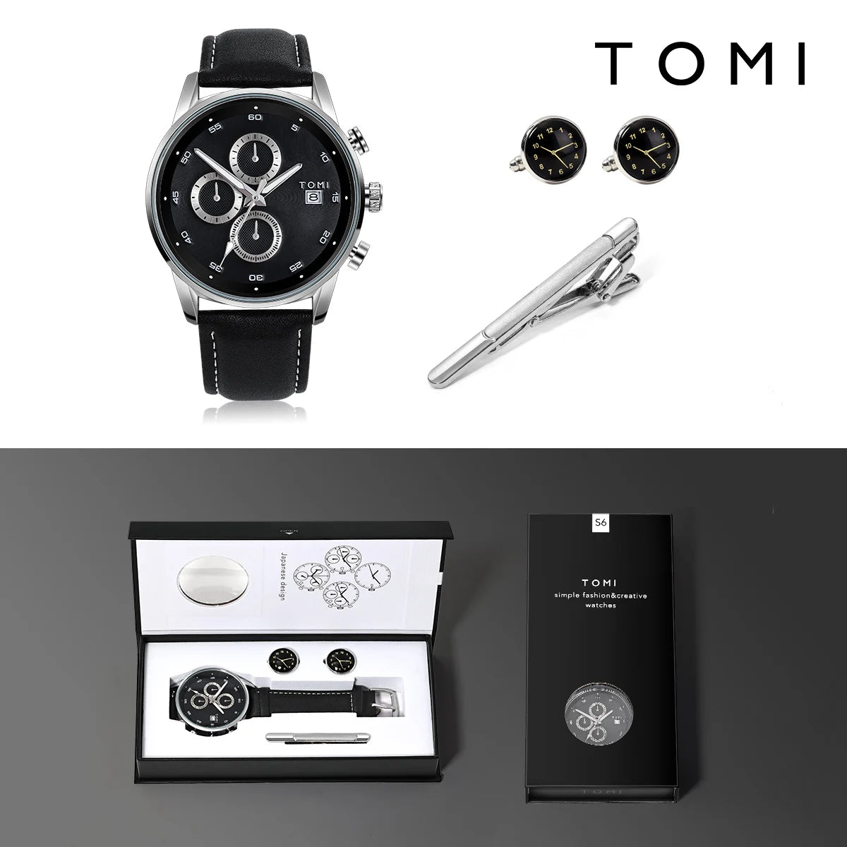 TOMI-Relógio de Negócios Quartzo Masculino com Abotoaduras e Clipe de Gravata, Relógio Calendário de Lazer, Presente da Moda, 4 Pcs/Set