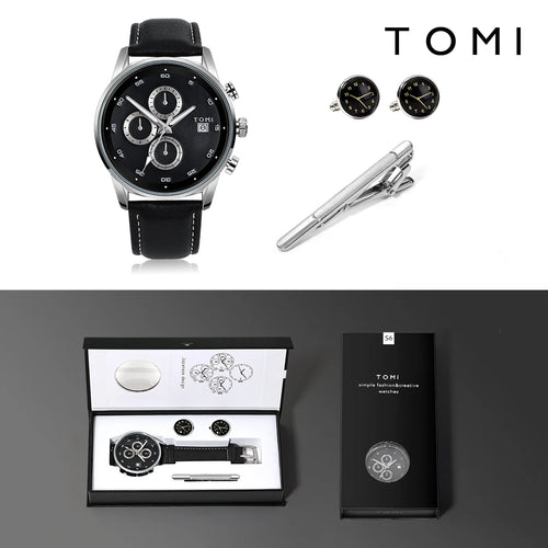 TOMI-Relógio de Negócios Quartzo Masculino com Abotoaduras e Clipe de Gravata, Relógio Calendário de Lazer, Presente da Moda, 4 Pcs/Set