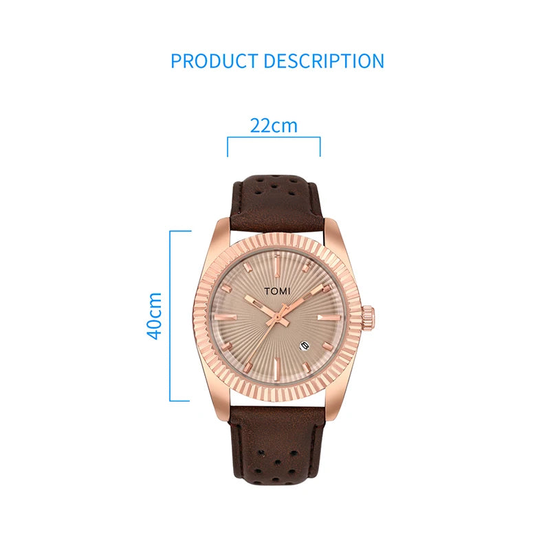 TOMI Moda Masculina Clássico Relógio Masculino e Feminino Versátil Tendência Calendário de Negócios Relógio de Quartzo de Couro Marrom