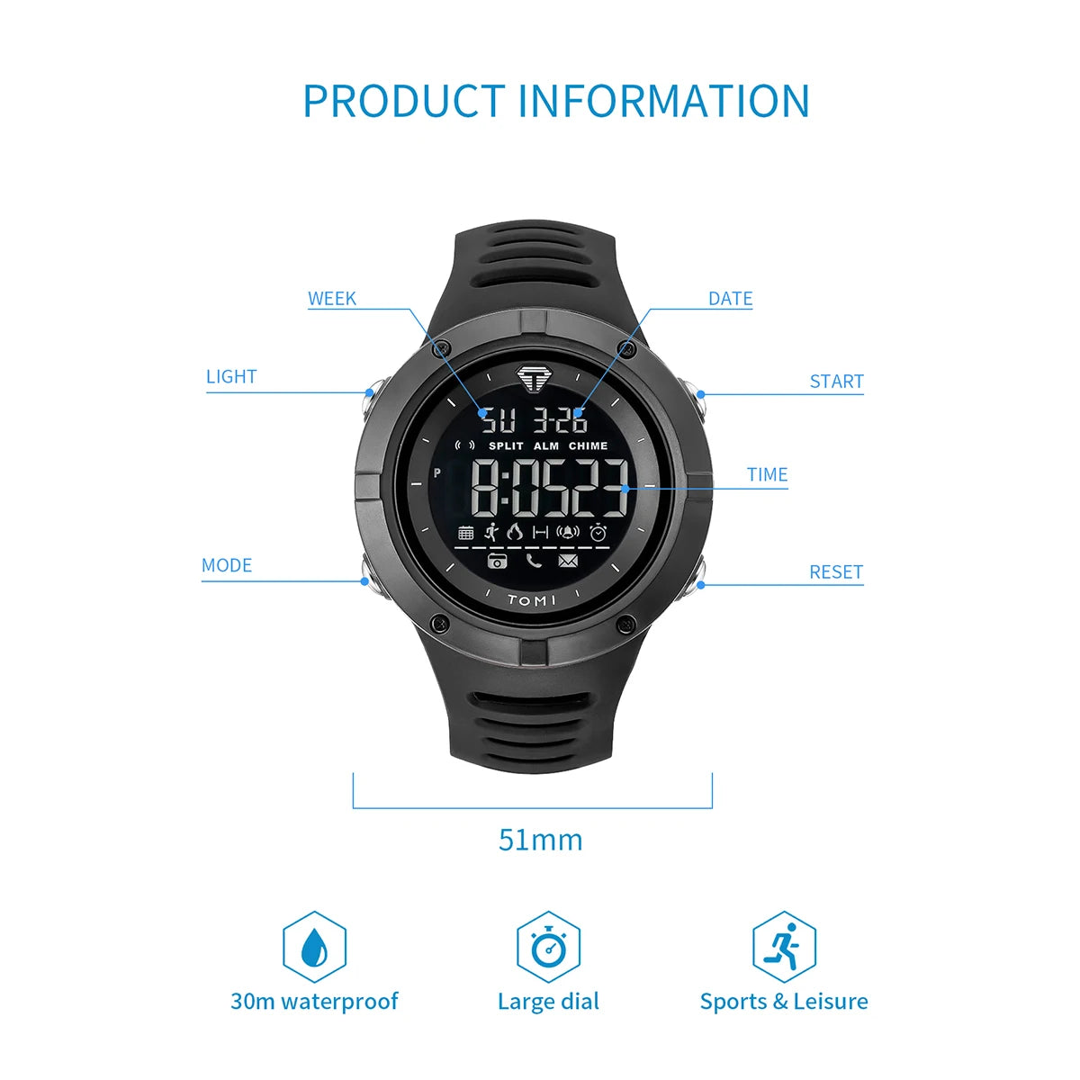 Relógio masculino TOMI Night Glow à prova d'água moda digital TPU material relógio esportivo