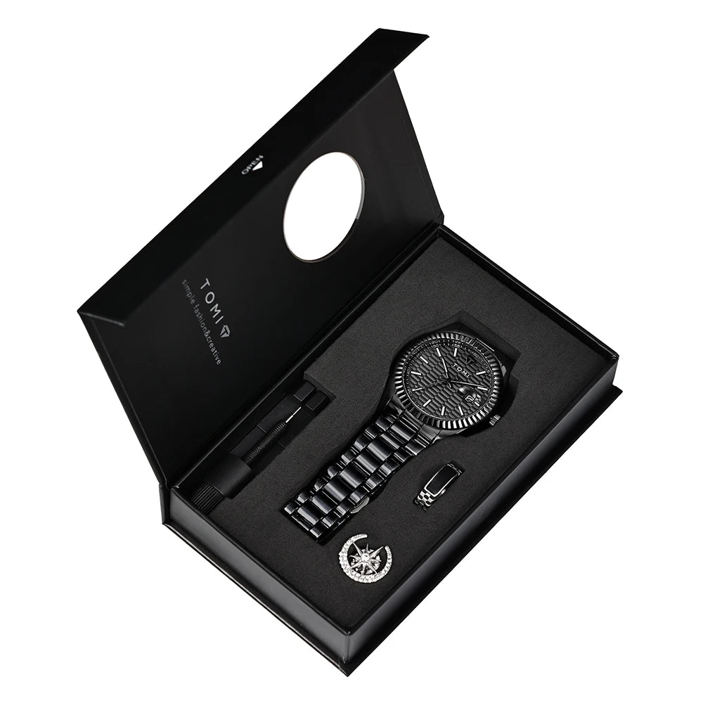 Tomi novo relógio masculino broche anel caixa de presente conjunto luxo negócios pulseira aço inoxidável calendário casual relógio quartzo reloj
