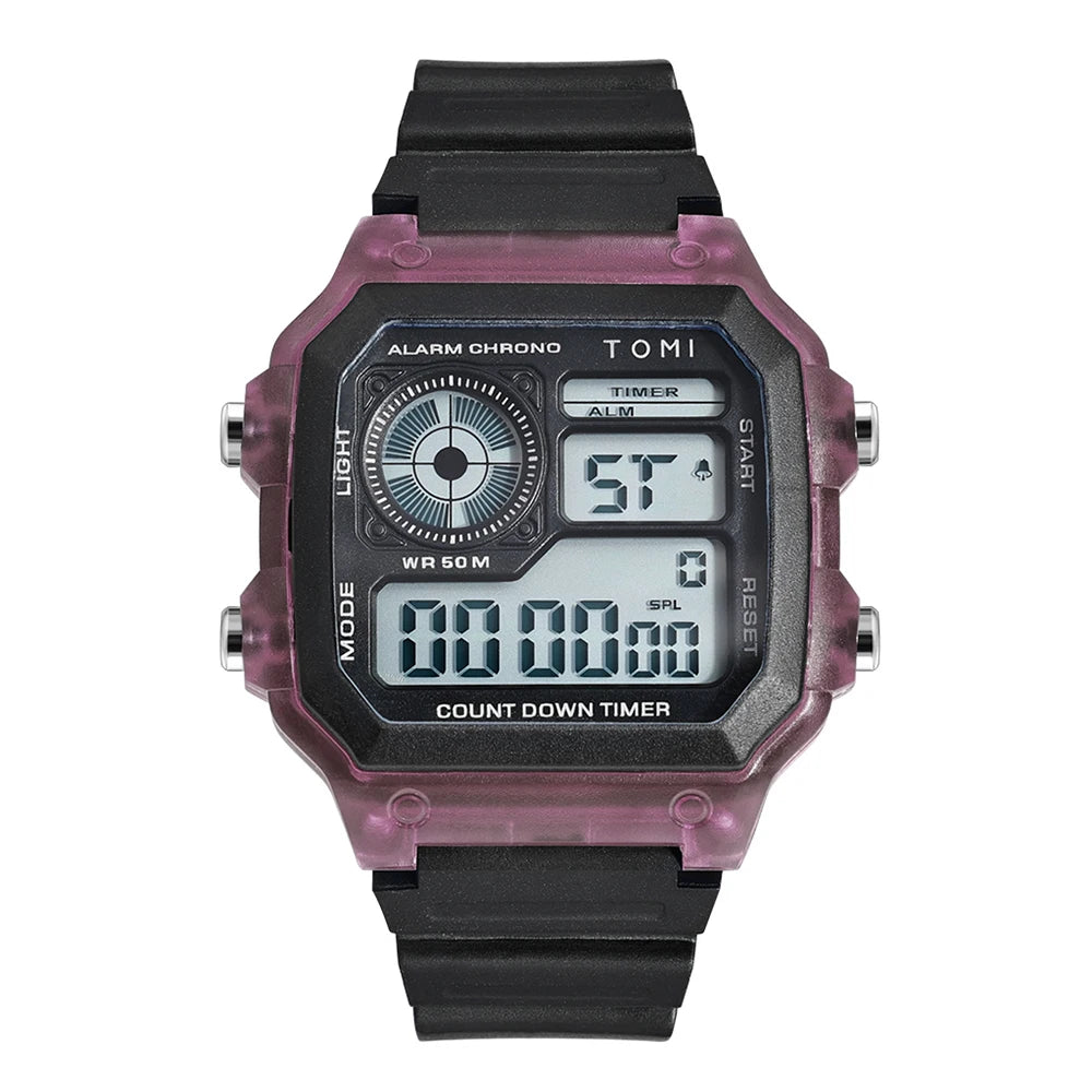 TOMI Transparente Cyberpunk Relógio Digital Edgy Square Estilo Esportivo Display LED Botões Multi-Função Moda Streetwear Pulseira