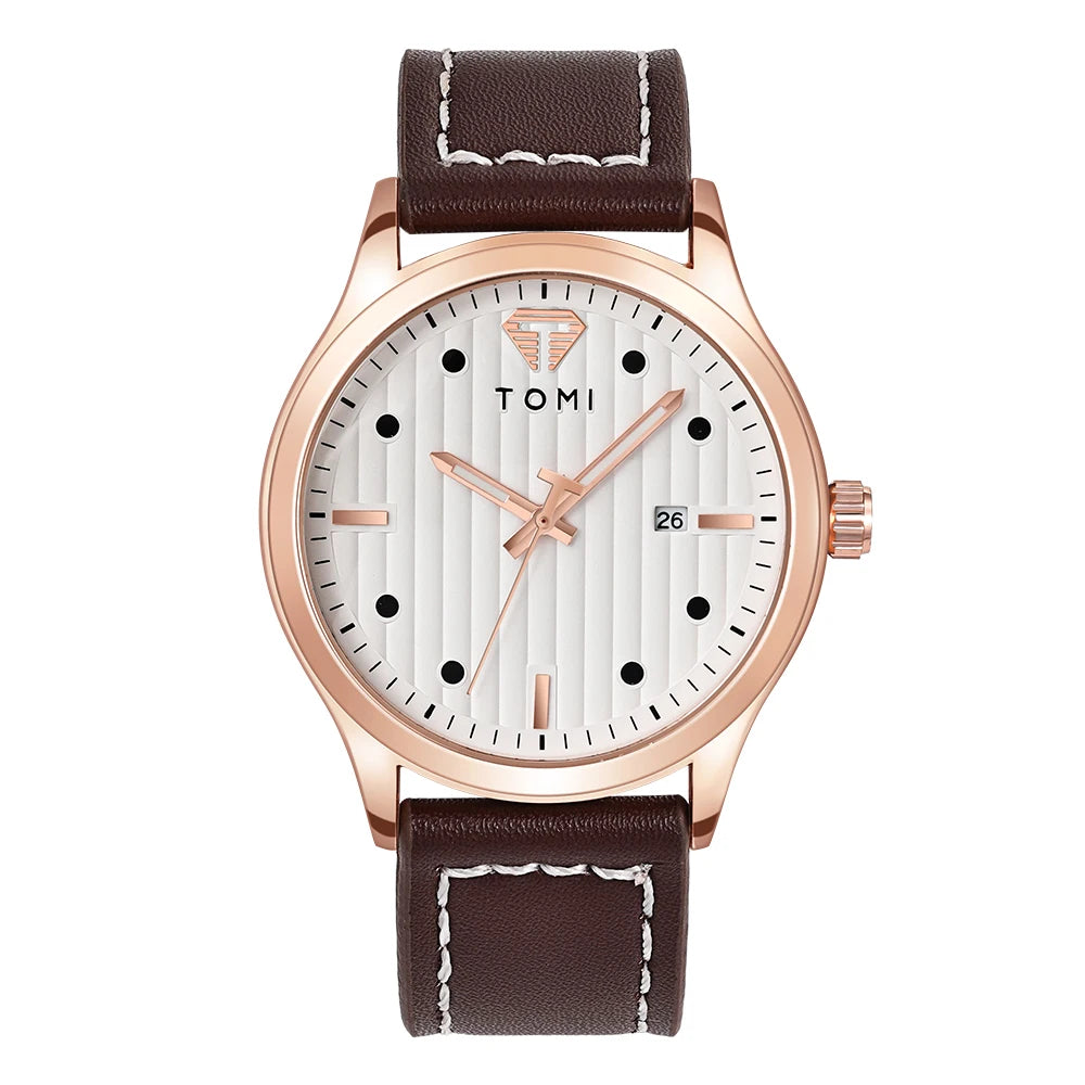 Tomi minimalista relógio de quartzo masculino de negócios vintage listra vertical calendário mostrador redondo masculino cinto preto relógio presente reloj
