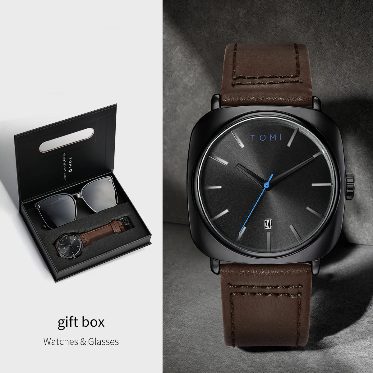 Tomi 2 pçs masculino casual moda relógio óculos conjunto de presente clássico simples caso quadrado relógio de quartzo masculino conjunto de presente reloj