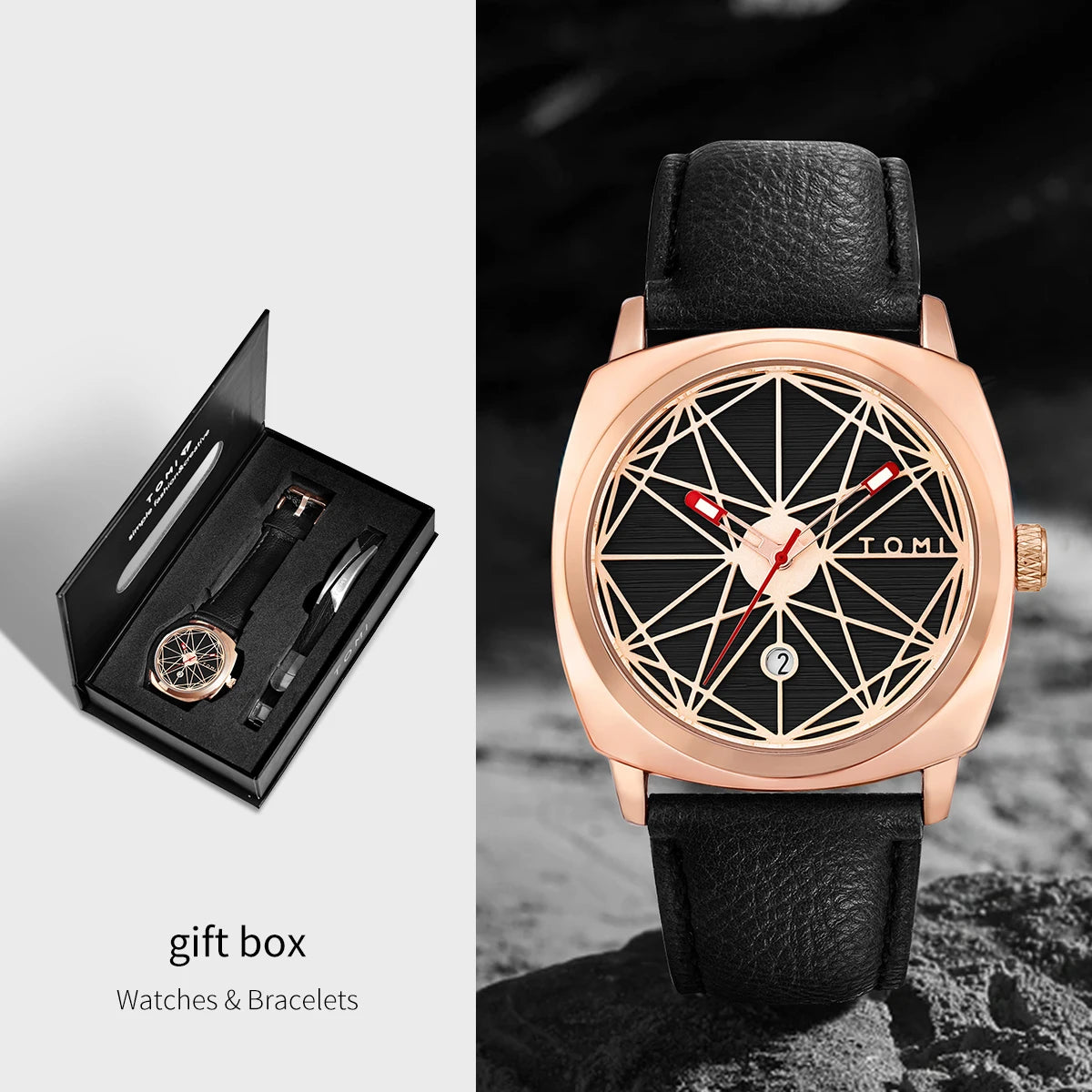 Tomi 2024 novo 2 pçs relógio masculino pulseira presente conjunto de luxo negócios versátil calendário relógio quartzo masculino e relógio presente reloj