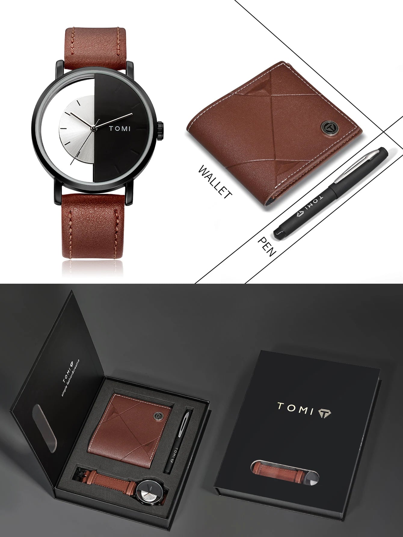 Tomi 3 pçs conjunto de caixa de presente de negócios de luxo relógio masculino carteira simples lazer criativo oco dial relógio de quartzo relógio presentes