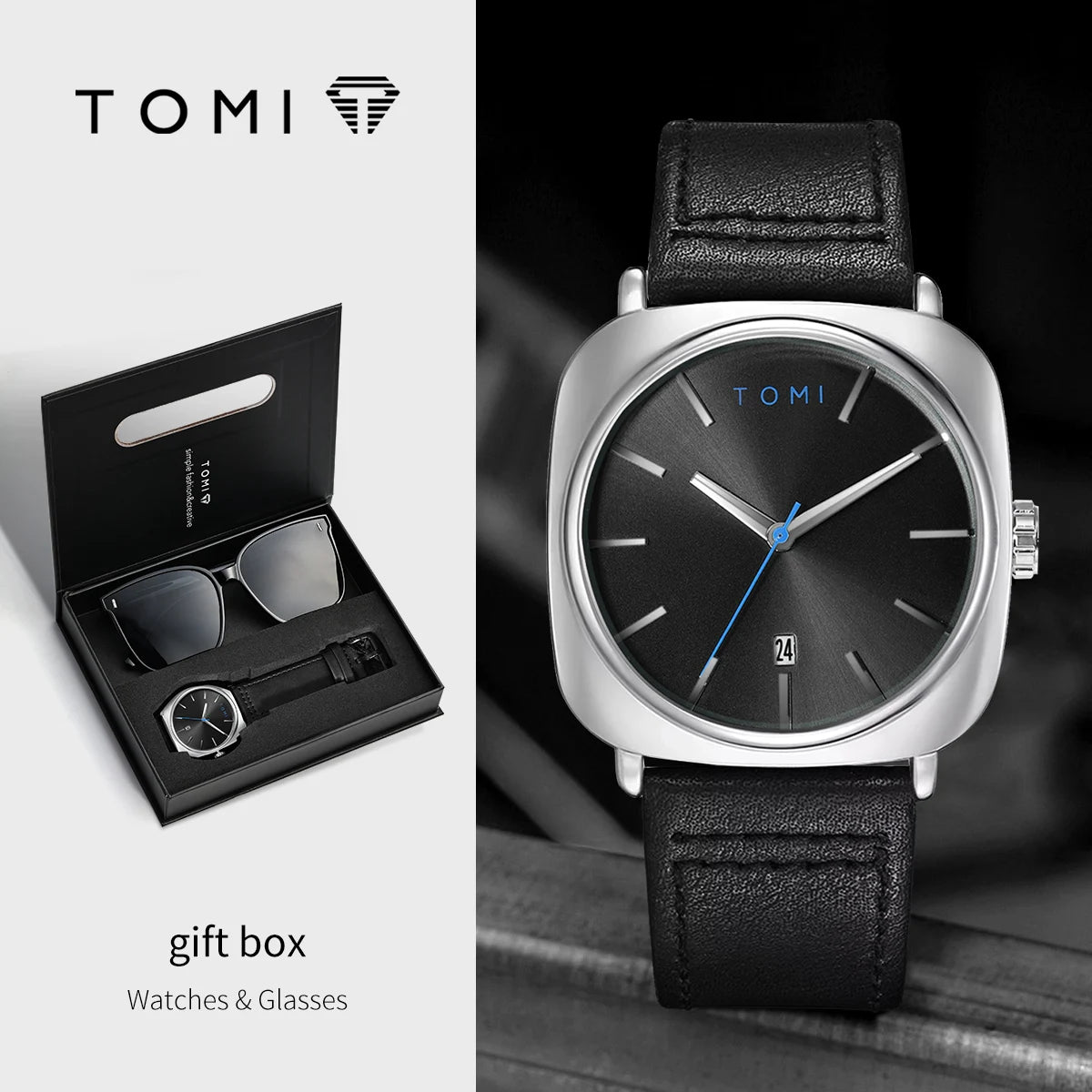 Tomi 2 pçs masculino casual moda relógio óculos conjunto de presente clássico simples caso quadrado relógio de quartzo masculino conjunto de presente reloj