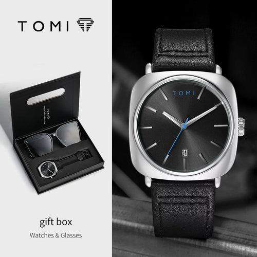 Tomi 2 pçs masculino casual moda relógio óculos conjunto de presente clássico simples caso quadrado relógio de quartzo masculino conjunto de presente reloj