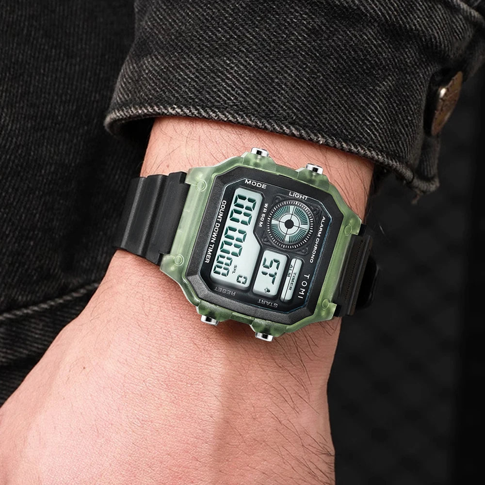 TOMI Transparente Cyberpunk Relógio Digital Edgy Square Estilo Esportivo Display LED Botões Multi-Função Moda Streetwear Pulseira