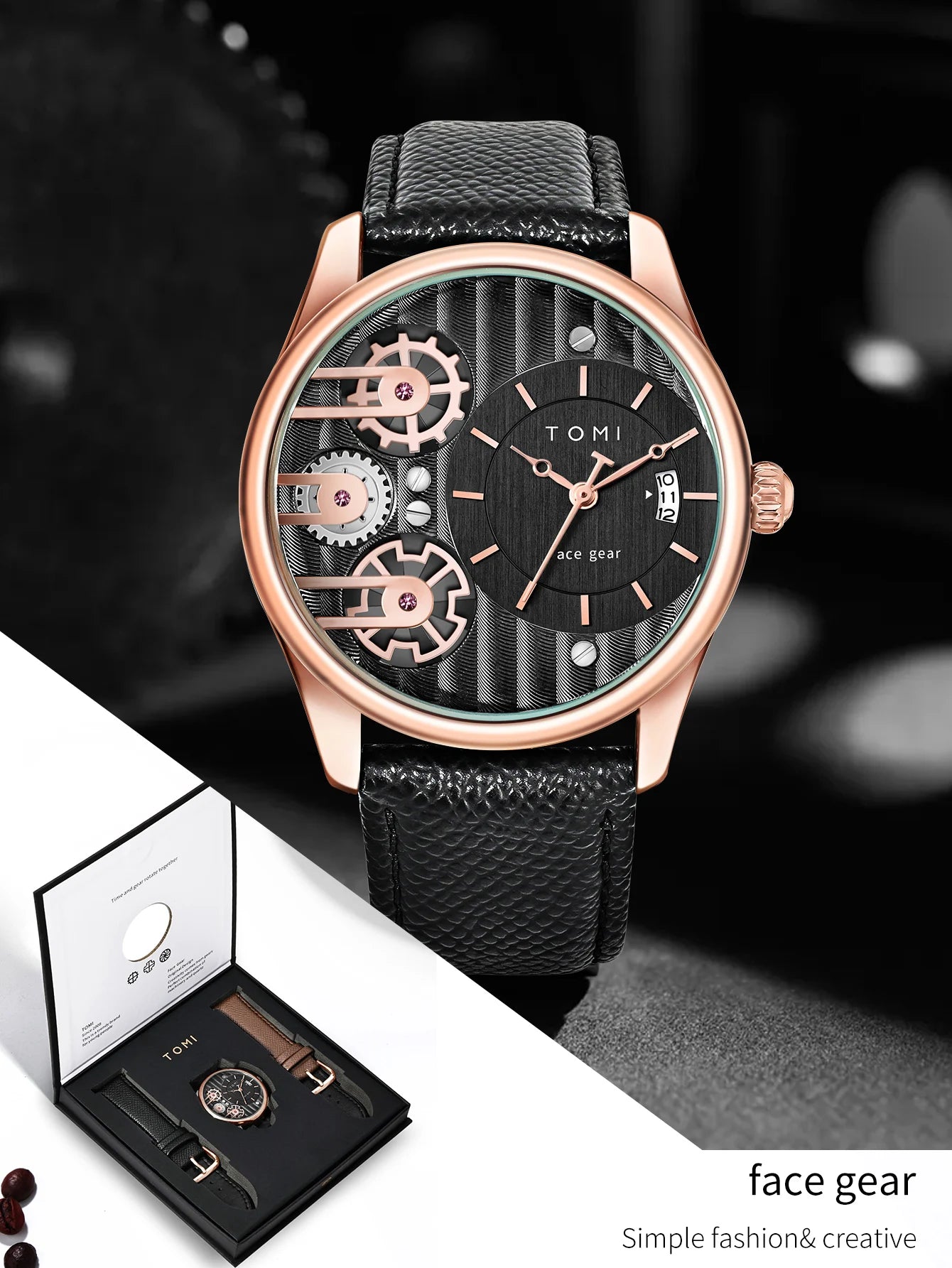 Relógio de quartzo de pulseira destacável TOMI masculino, conjunto combinado caixa presente, luxo e negócios simples, presente Festival