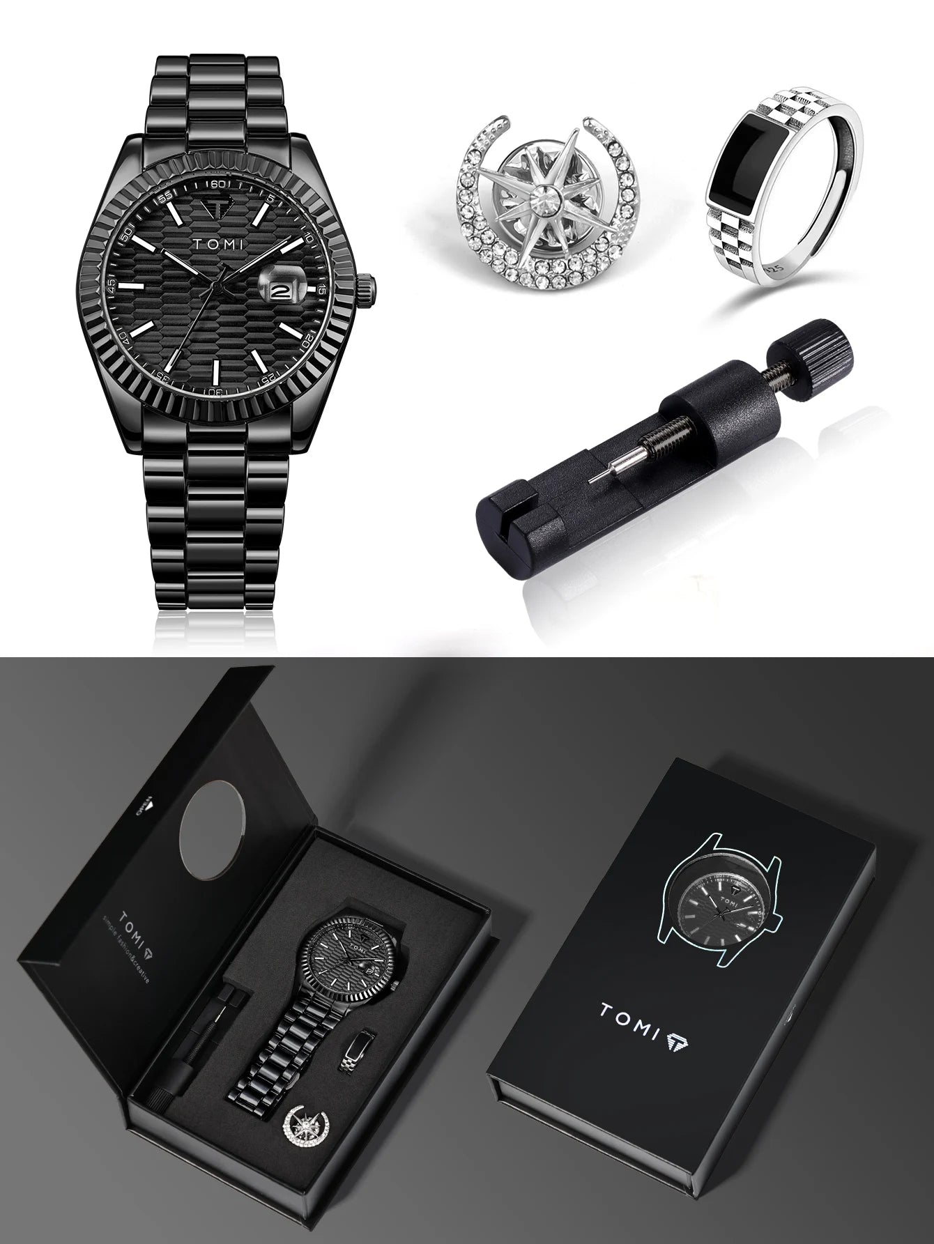 Tomi novo relógio masculino broche anel caixa de presente conjunto luxo negócios pulseira aço inoxidável calendário casual relógio quartzo reloj