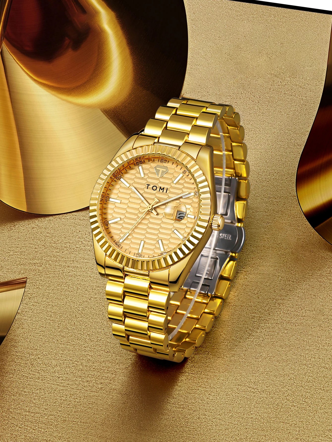 Tomi novo relógio masculino broche anel caixa de presente conjunto luxo negócios pulseira aço inoxidável calendário casual relógio quartzo reloj