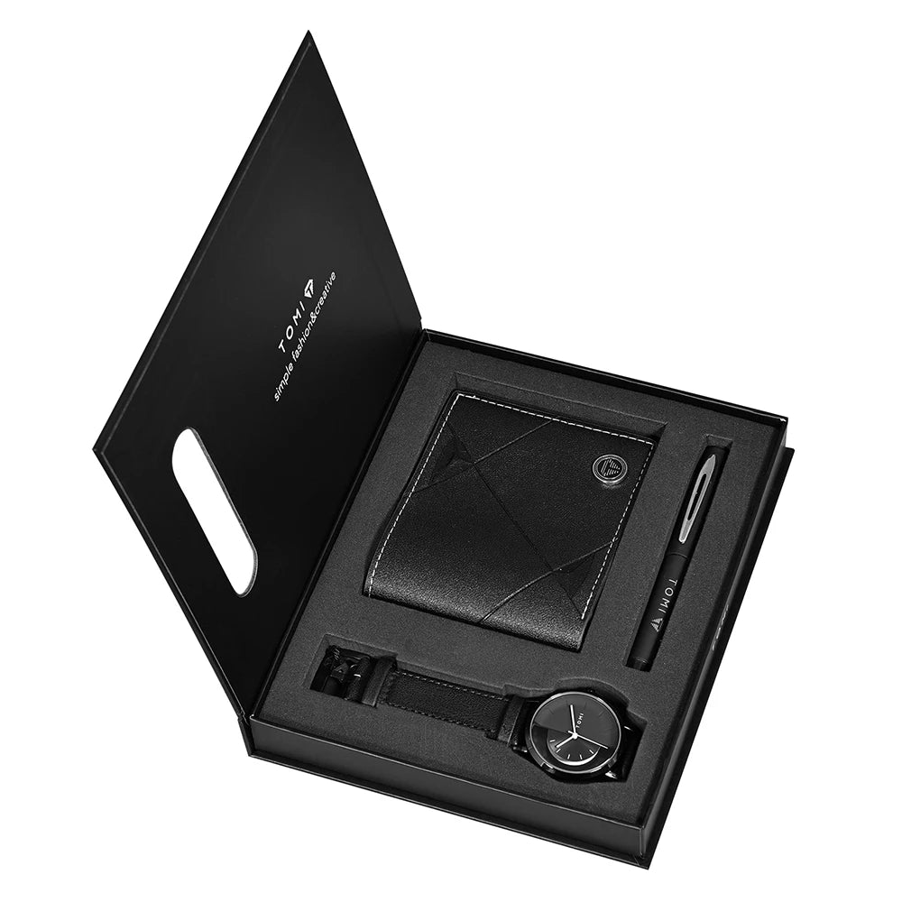 Tomi 3 pçs conjunto de caixa de presente de negócios de luxo relógio masculino carteira simples lazer criativo oco dial relógio de quartzo relógio presentes