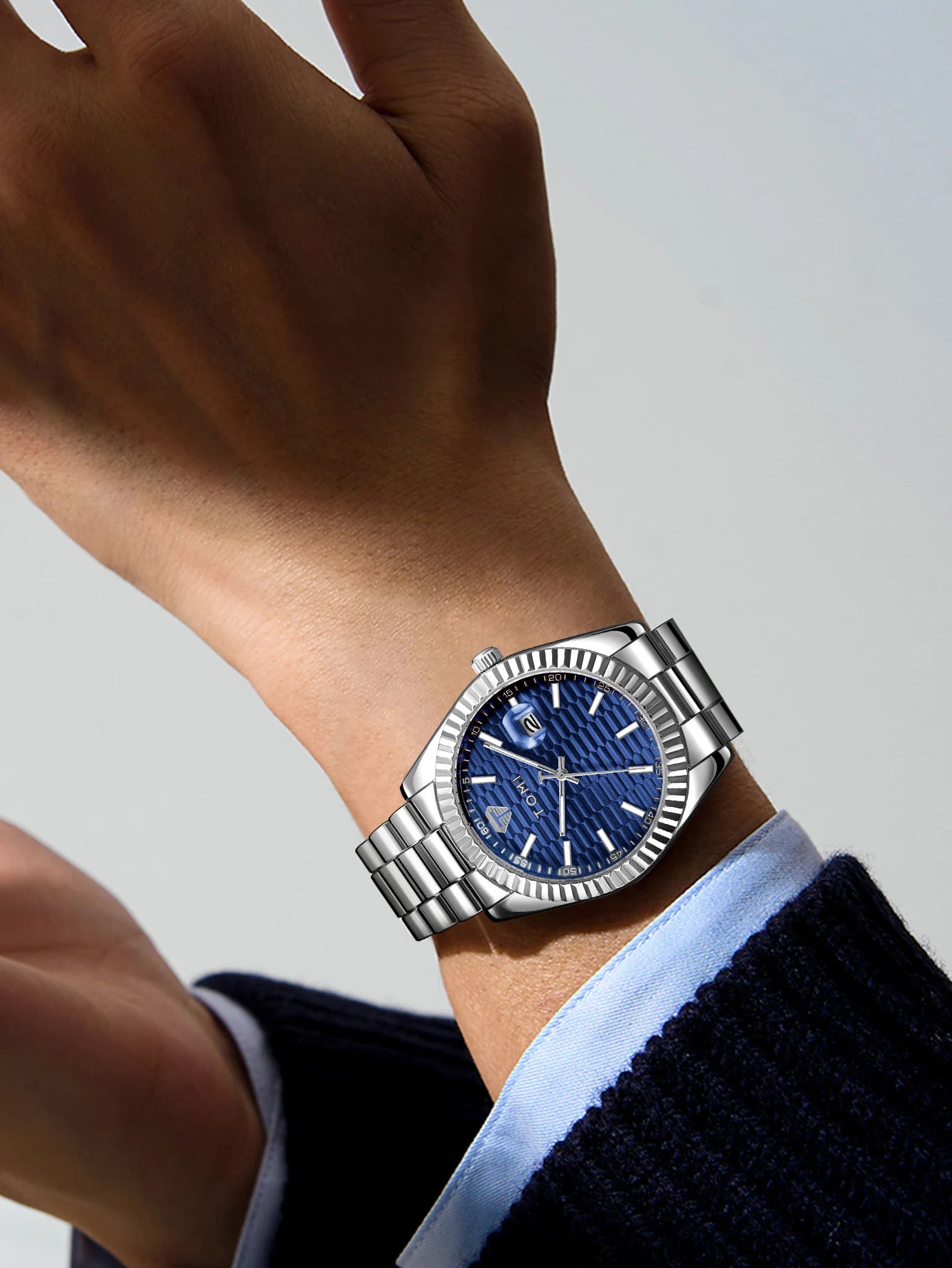 Tomi novo relógio masculino broche anel caixa de presente conjunto luxo negócios pulseira aço inoxidável calendário casual relógio quartzo reloj