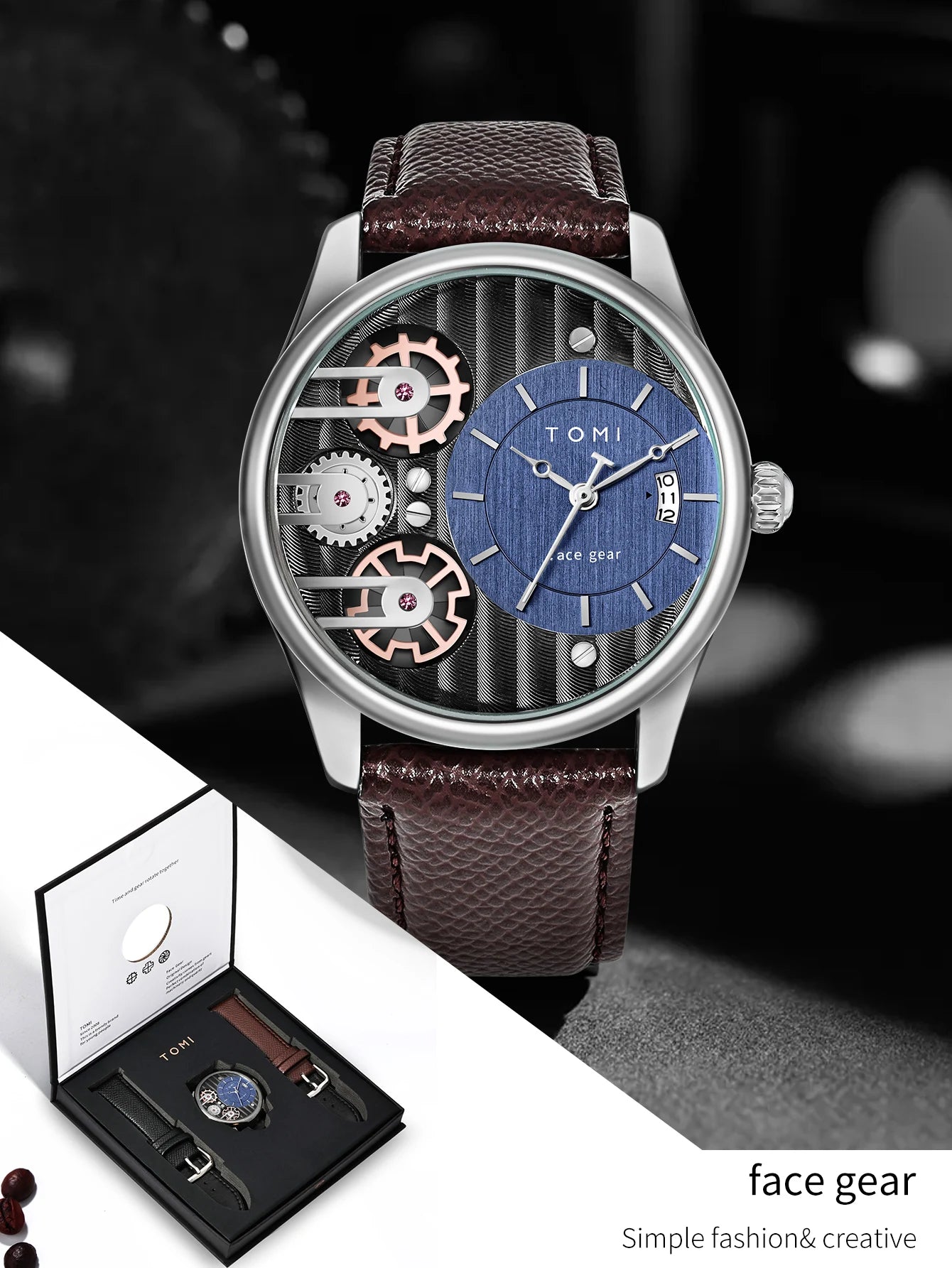 Relógio de quartzo de pulseira destacável TOMI masculino, conjunto combinado caixa presente, luxo e negócios simples, presente Festival