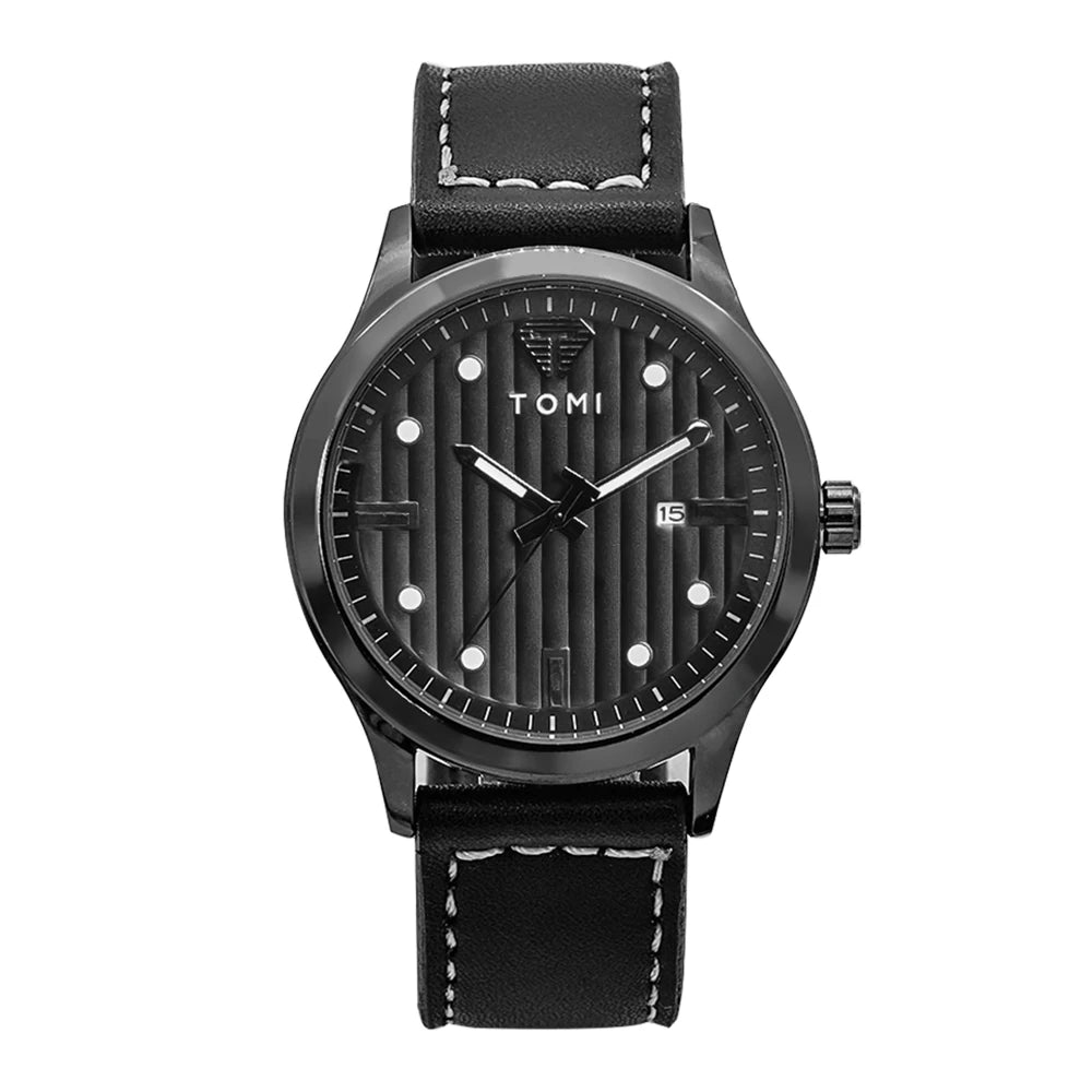 Tomi minimalista relógio de quartzo masculino de negócios vintage listra vertical calendário mostrador redondo masculino cinto preto relógio presente reloj