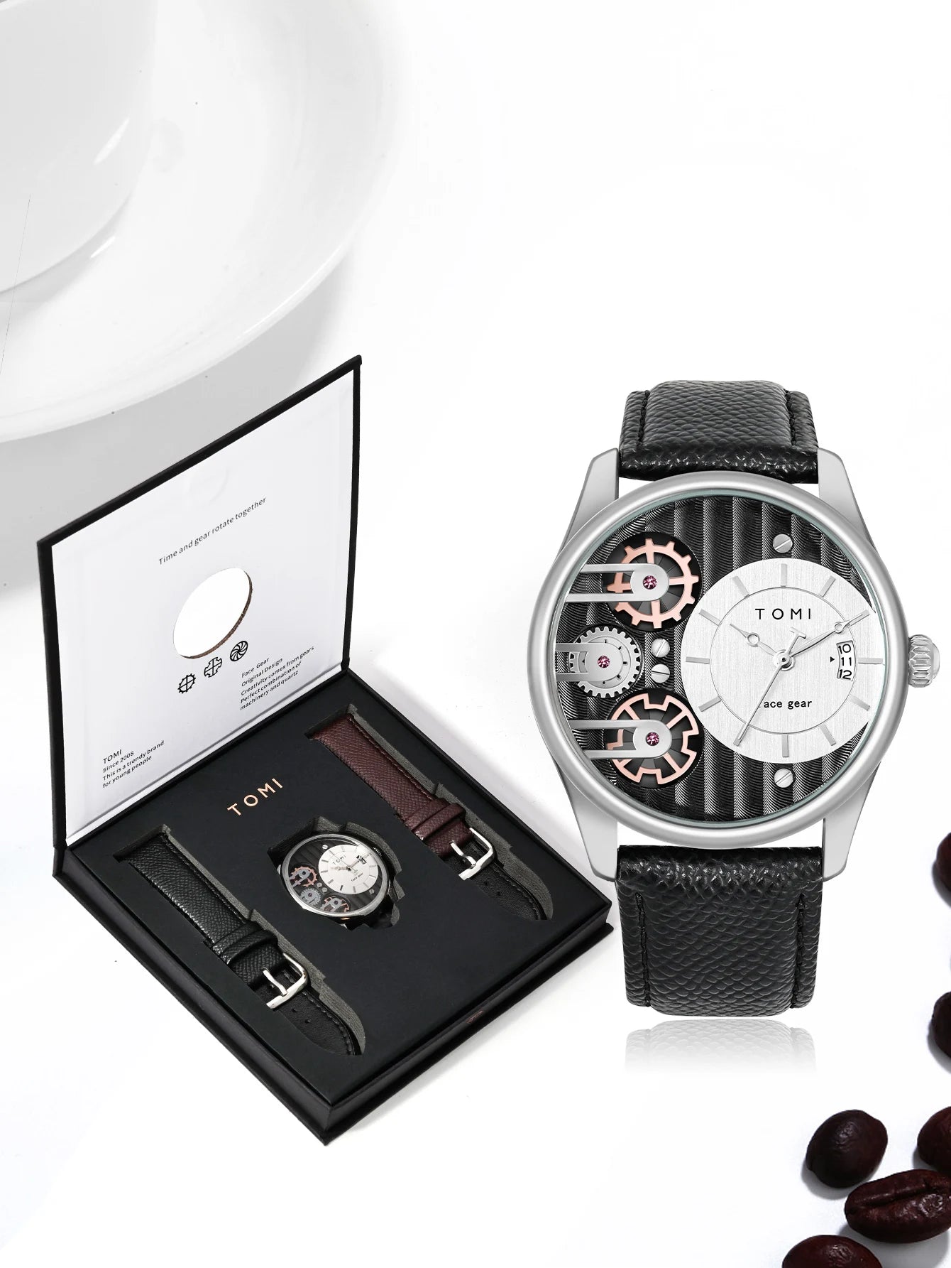 Relógio de quartzo de pulseira destacável TOMI masculino, conjunto combinado caixa presente, luxo e negócios simples, presente Festival