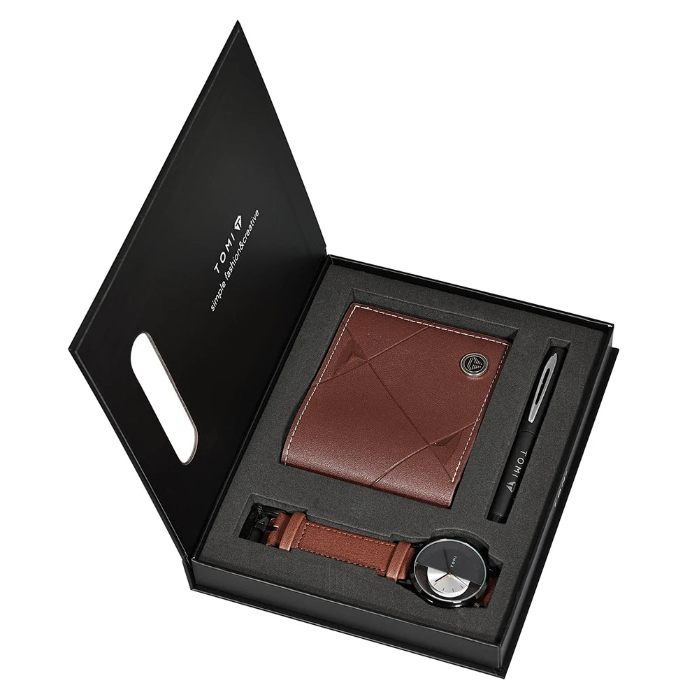 Tomi 3 pçs conjunto de caixa de presente de negócios de luxo relógio masculino carteira simples lazer criativo oco dial relógio de quartzo relógio presentes