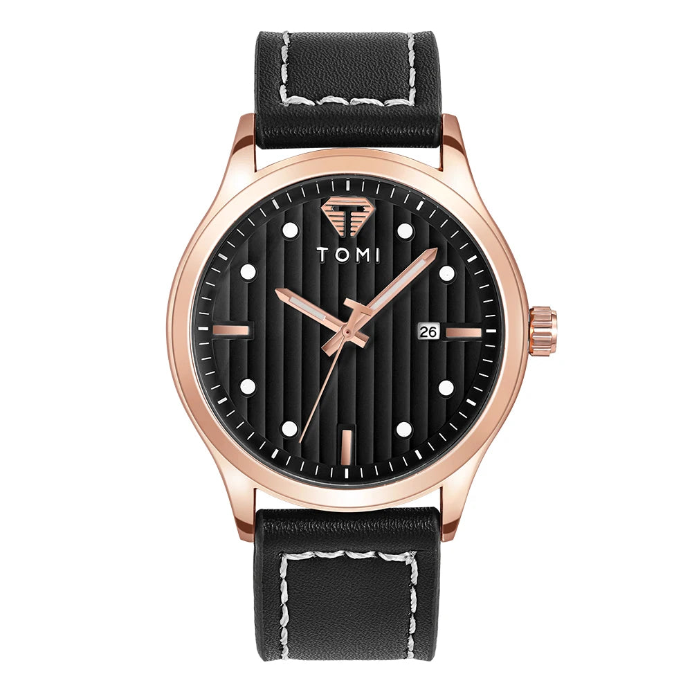 Tomi minimalista relógio de quartzo masculino de negócios vintage listra vertical calendário mostrador redondo masculino cinto preto relógio presente reloj