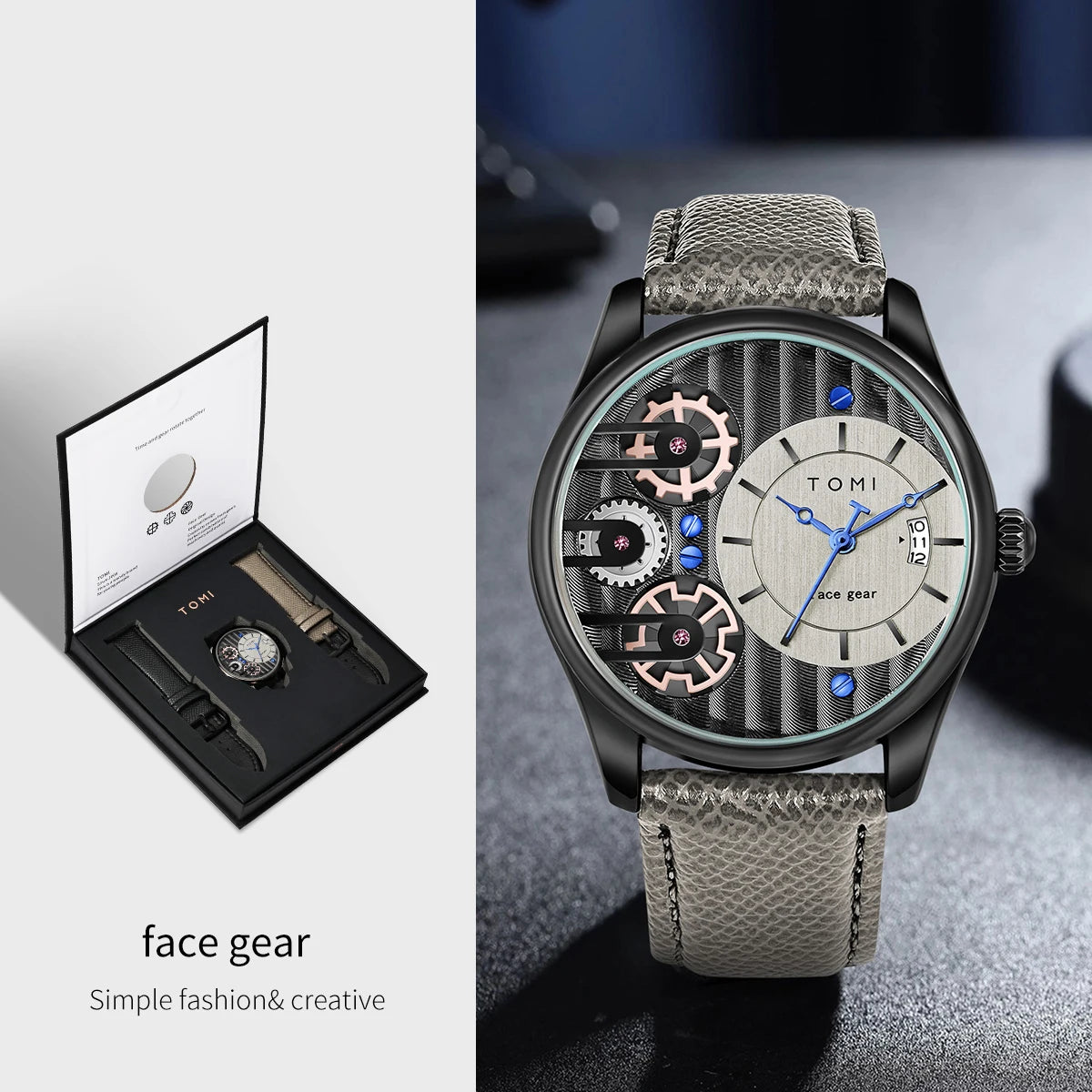Relógio de quartzo de pulseira destacável TOMI masculino, conjunto combinado caixa presente, luxo e negócios simples, presente Festival