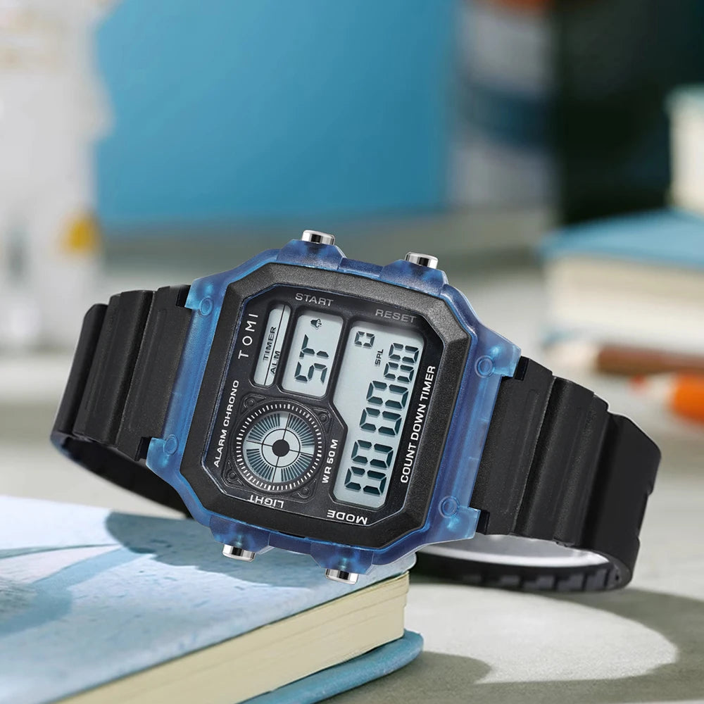 TOMI Transparente Cyberpunk Relógio Digital Edgy Square Estilo Esportivo Display LED Botões Multi-Função Moda Streetwear Pulseira
