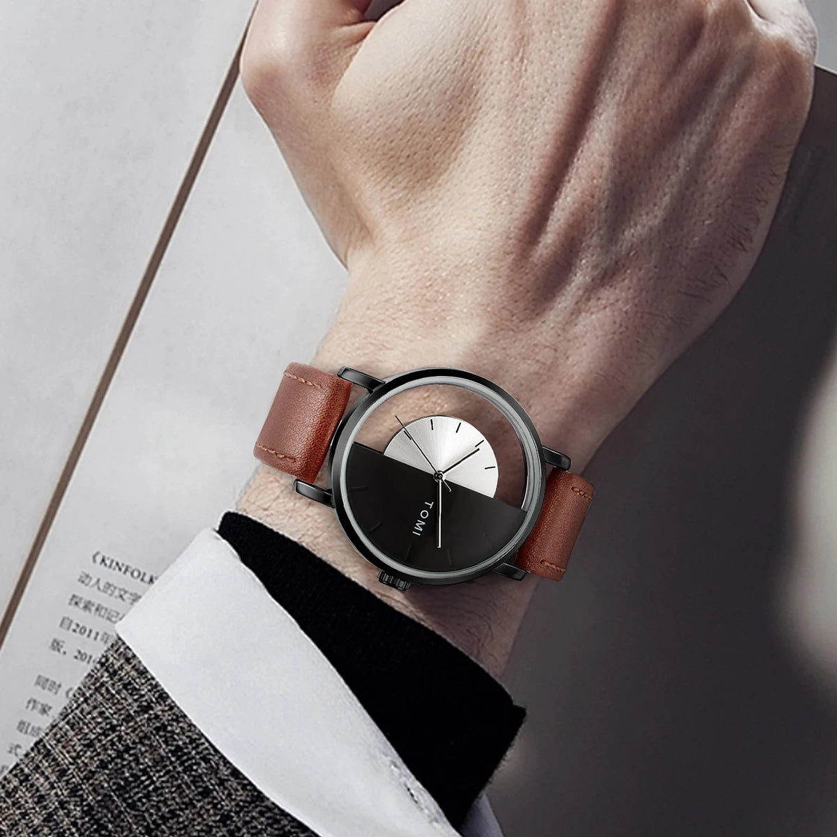 Tomi 3 pçs conjunto de caixa de presente de negócios de luxo relógio masculino carteira simples lazer criativo oco dial relógio de quartzo relógio presentes