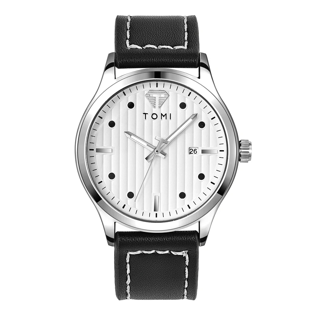 Tomi minimalista relógio de quartzo masculino de negócios vintage listra vertical calendário mostrador redondo masculino cinto preto relógio presente reloj