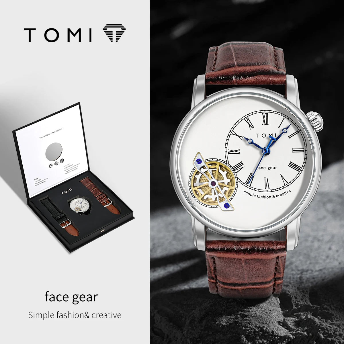 Tomi conjunto caixa de presente luxo e elegante relógio de quartzo masculino calendário de lazer pulseira dupla relógio de quartzo presente do festival
