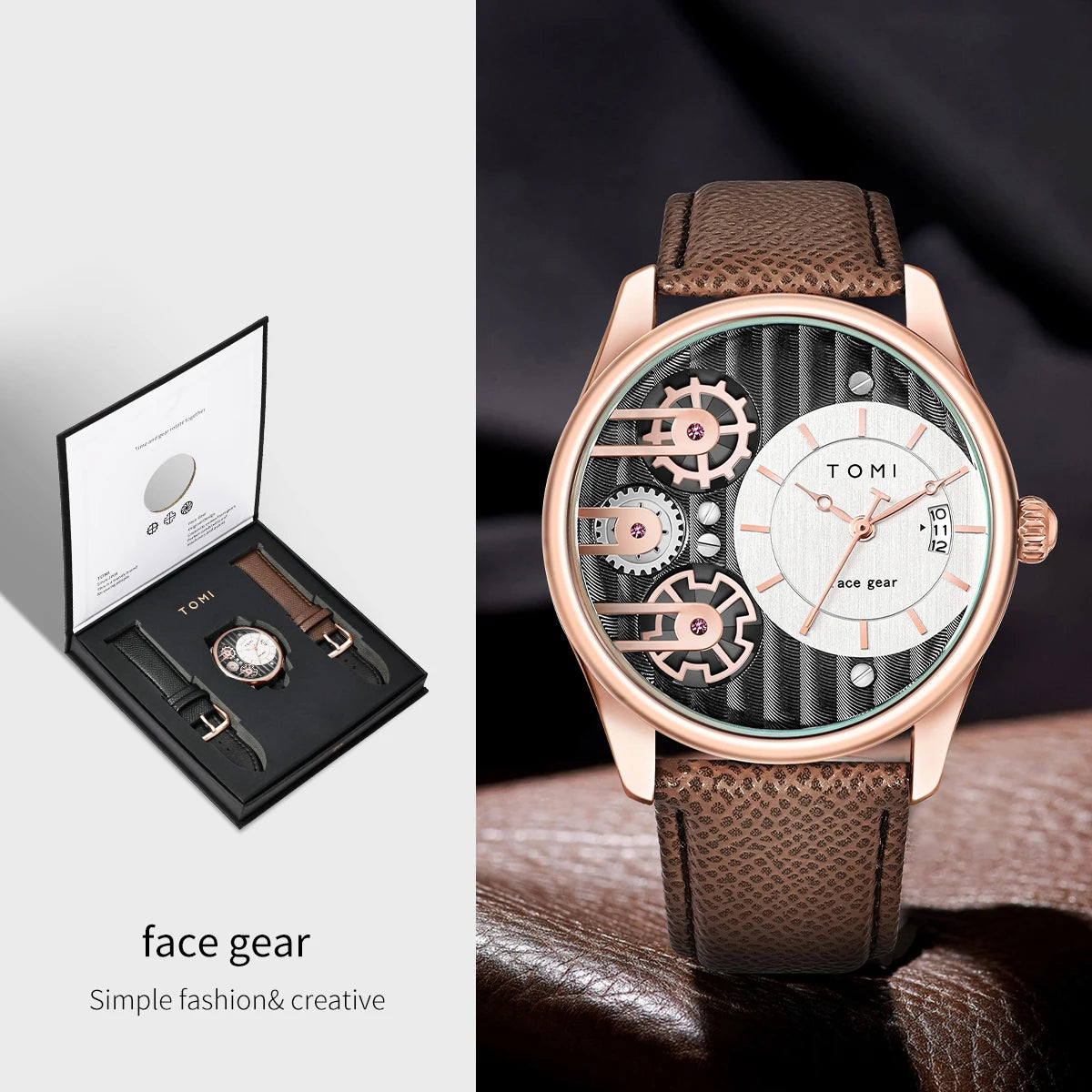 Relógio de quartzo de pulseira destacável TOMI masculino, conjunto combinado caixa presente, luxo e negócios simples, presente Festival