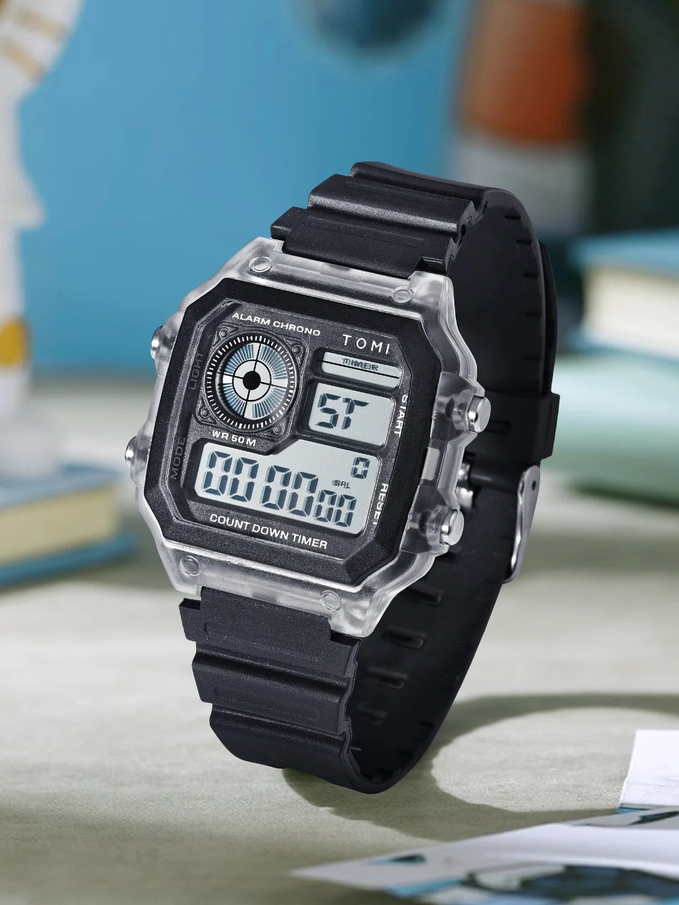 TOMI Transparente Cyberpunk Relógio Digital Edgy Square Estilo Esportivo Display LED Botões Multi-Função Moda Streetwear Pulseira