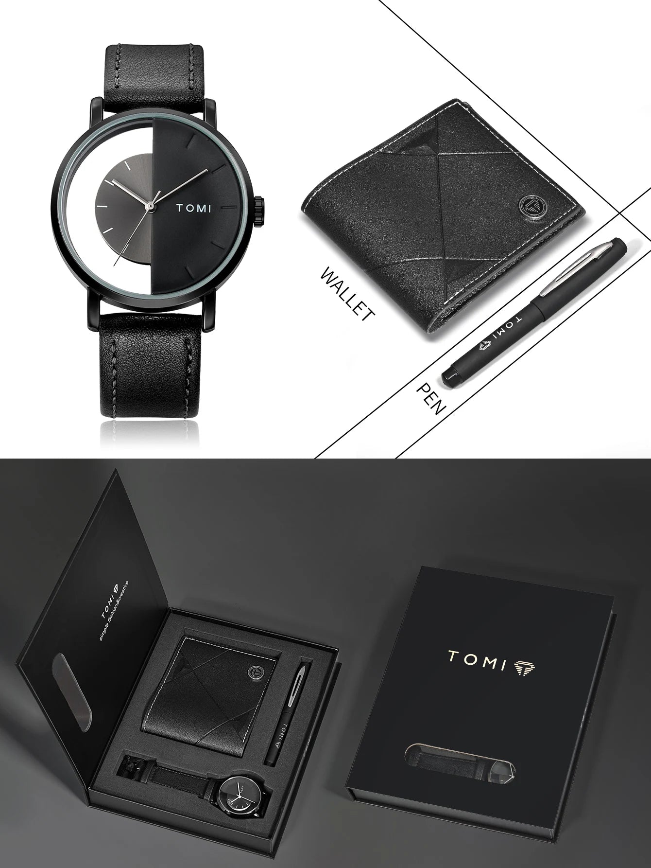 Tomi 3 pçs conjunto de caixa de presente de negócios de luxo relógio masculino carteira simples lazer criativo oco dial relógio de quartzo relógio presentes