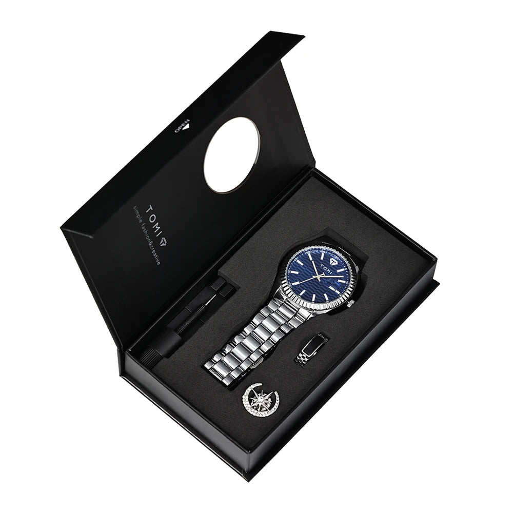 Tomi novo relógio masculino broche anel caixa de presente conjunto luxo negócios pulseira aço inoxidável calendário casual relógio quartzo reloj