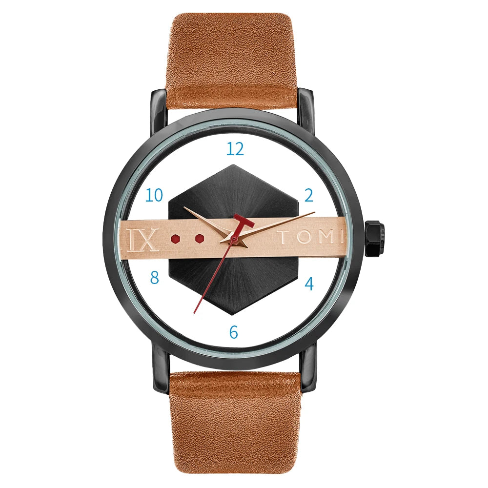 TOMI Pulseira de relógio de couro masculina elegante e minimalista personalizada com perspectiva oca tampa inferior de vidro relógio de quartzo