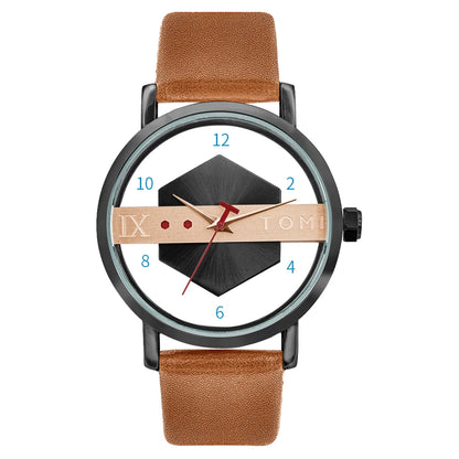 TOMI Pulseira de relógio de couro masculina elegante e minimalista personalizada com perspectiva oca tampa inferior de vidro relógio de quartzo