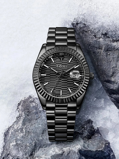 Tomi novo relógio masculino broche anel caixa de presente conjunto luxo negócios pulseira aço inoxidável calendário casual relógio quartzo reloj