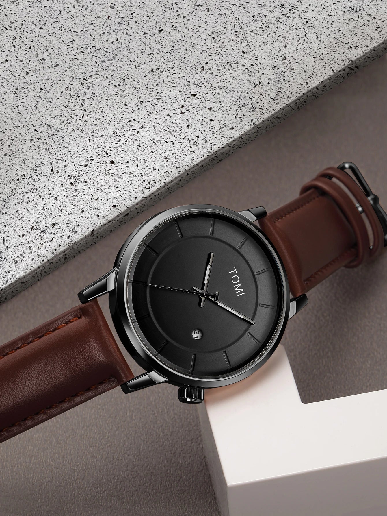 Tomi novo 2 pçs moda casual relógio masculino caixa de presente conjunto luxo redondo grande dial calendário masculino relógio de quartzo óculos caixa de presente