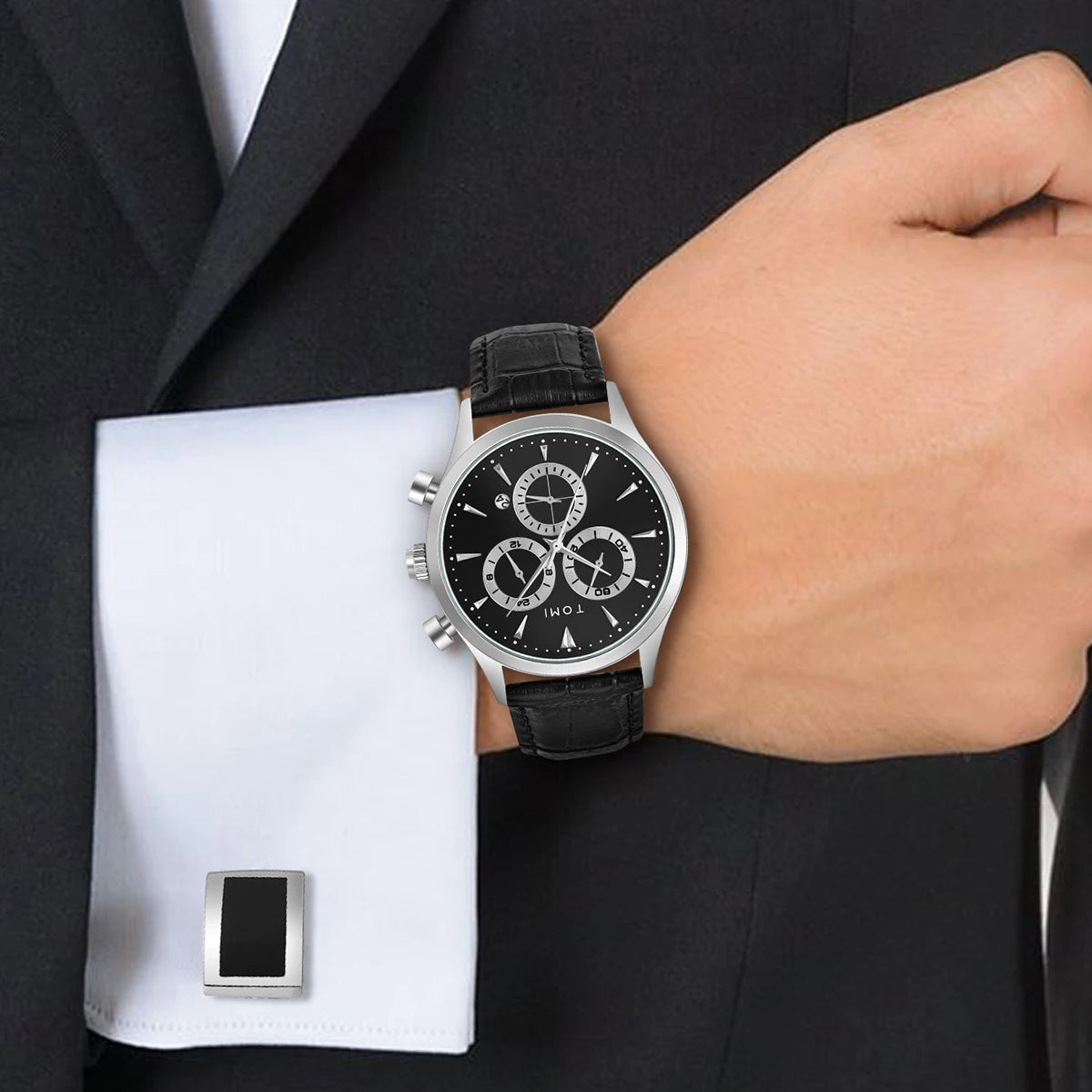 Tomi 4 pçs conjunto de luxo negócios masculino relógio quartzo casual moda versátil relógio abotoaduras masculino gravata clipe relógio festival presente