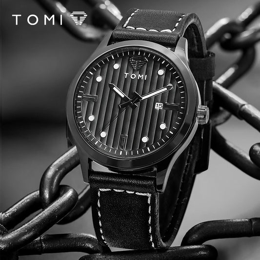 Tomi minimalista relógio de quartzo masculino de negócios vintage listra vertical calendário mostrador redondo masculino cinto preto relógio presente reloj