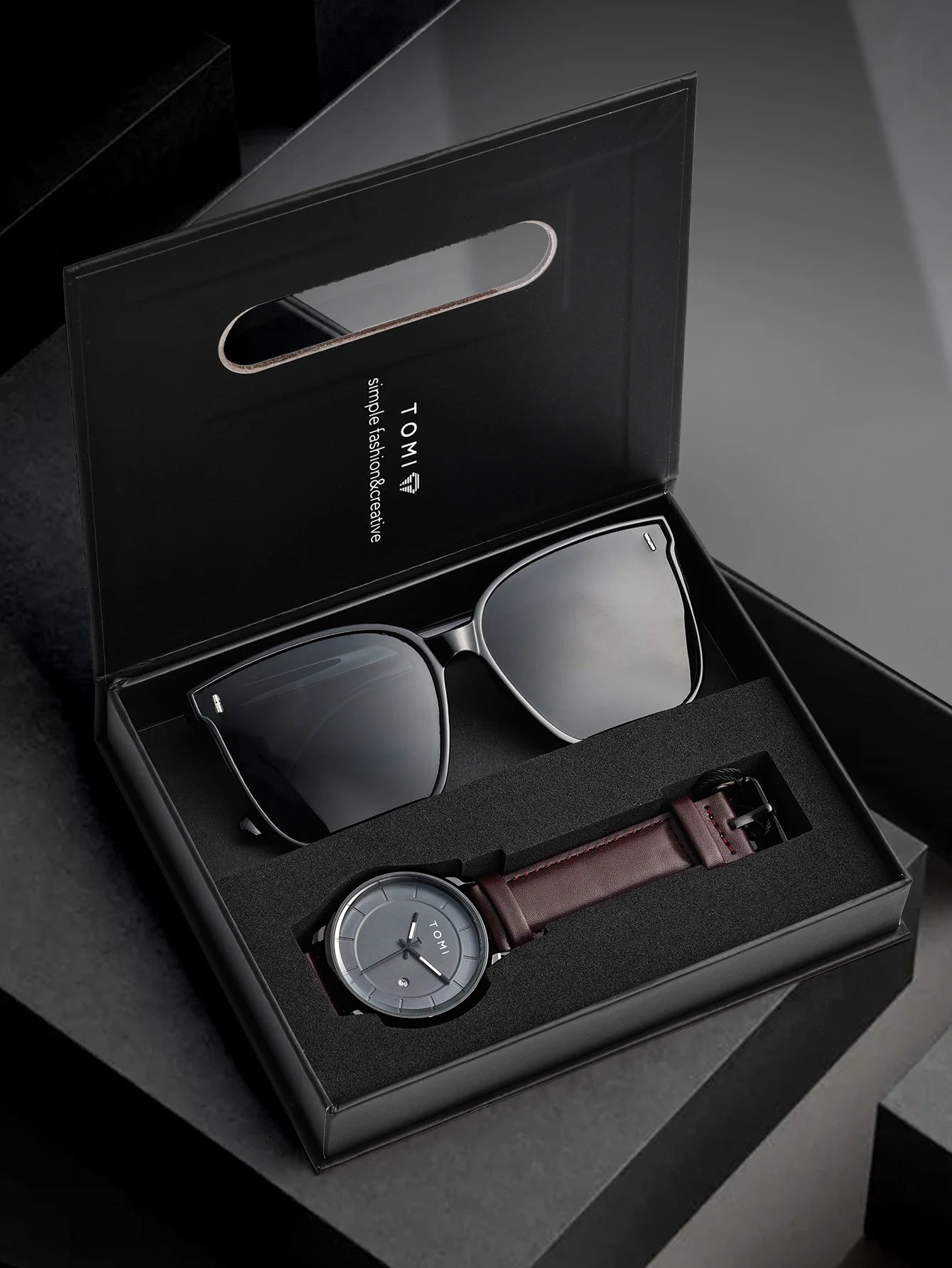 Tomi novo 2 pçs moda casual relógio masculino caixa de presente conjunto luxo redondo grande dial calendário masculino relógio de quartzo óculos caixa de presente