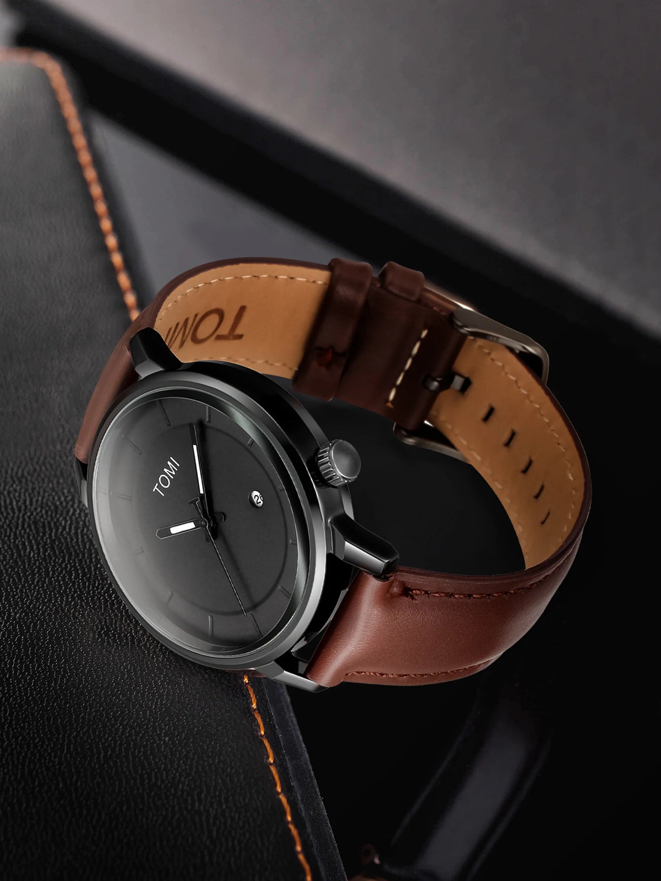 Tomi novo 2 pçs moda casual relógio masculino caixa de presente conjunto luxo redondo grande dial calendário masculino relógio de quartzo óculos caixa de presente